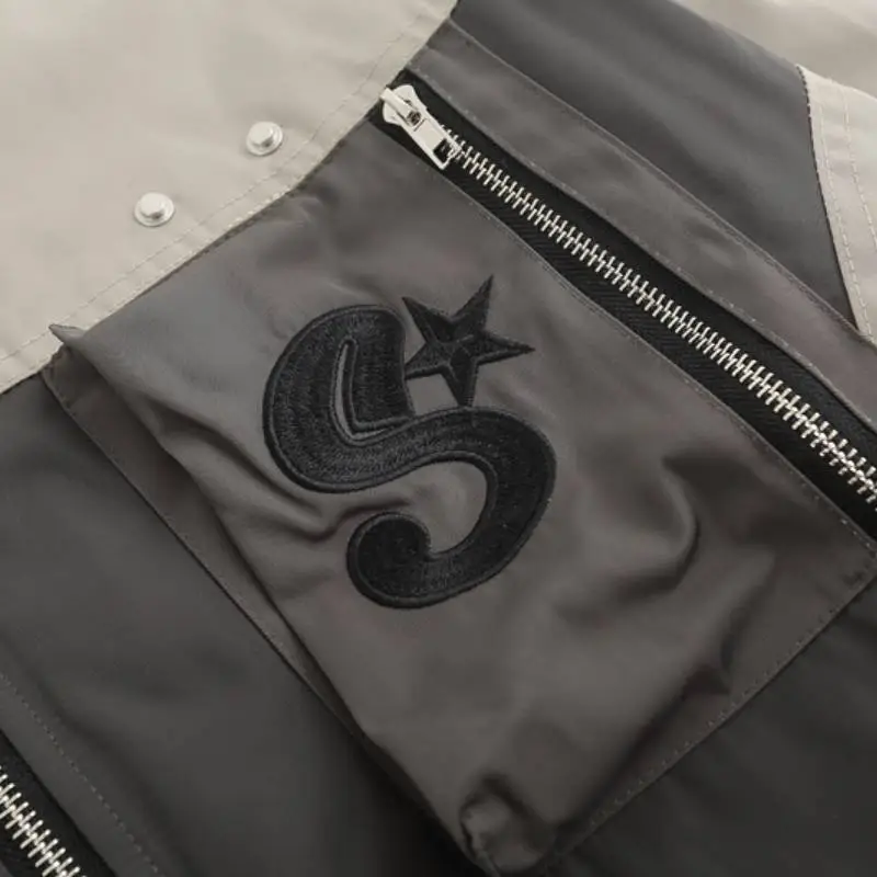 High Street Retro Niche Color matching Multi pocket Cotton padded Functional Baseball Suit-3