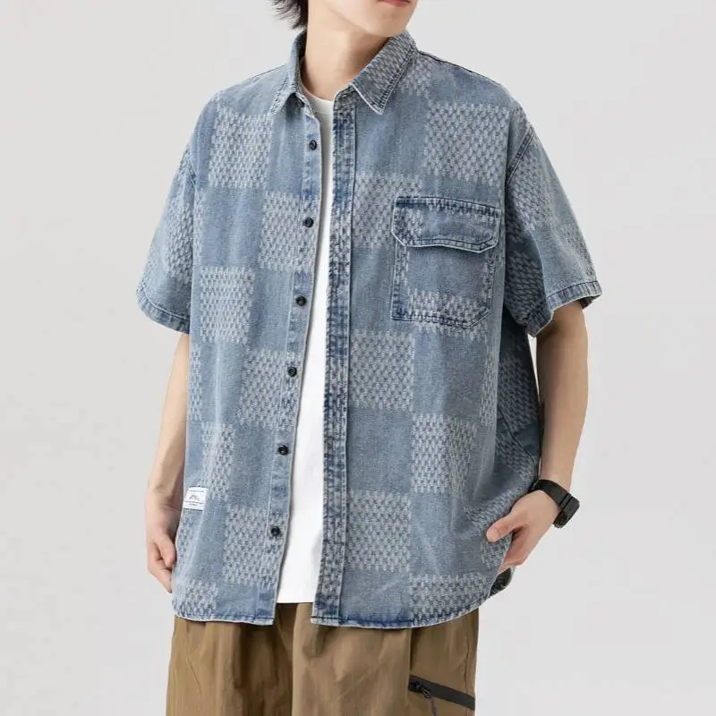 Retro Denim Plaid Short Sleeved Shirt-6