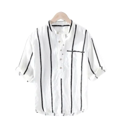 Striped Stand Collar Short-Sleeved Shirt