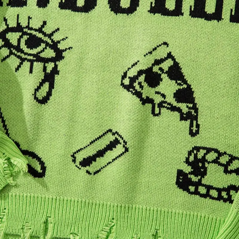 Fashion Brand Hip Hop Graffiti Hole Jacquard Pattern Knitted Sweater-7