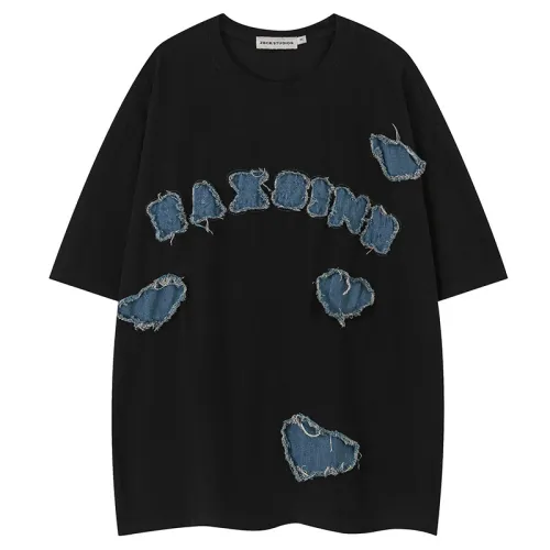 Hip-Hop Denim Washed Patch T-Shirt