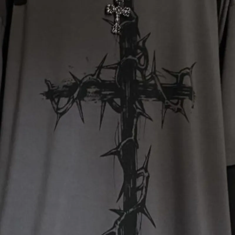 Dark Hip Hop Printed Fake Two Piece Long Sleeved T Shirt-2