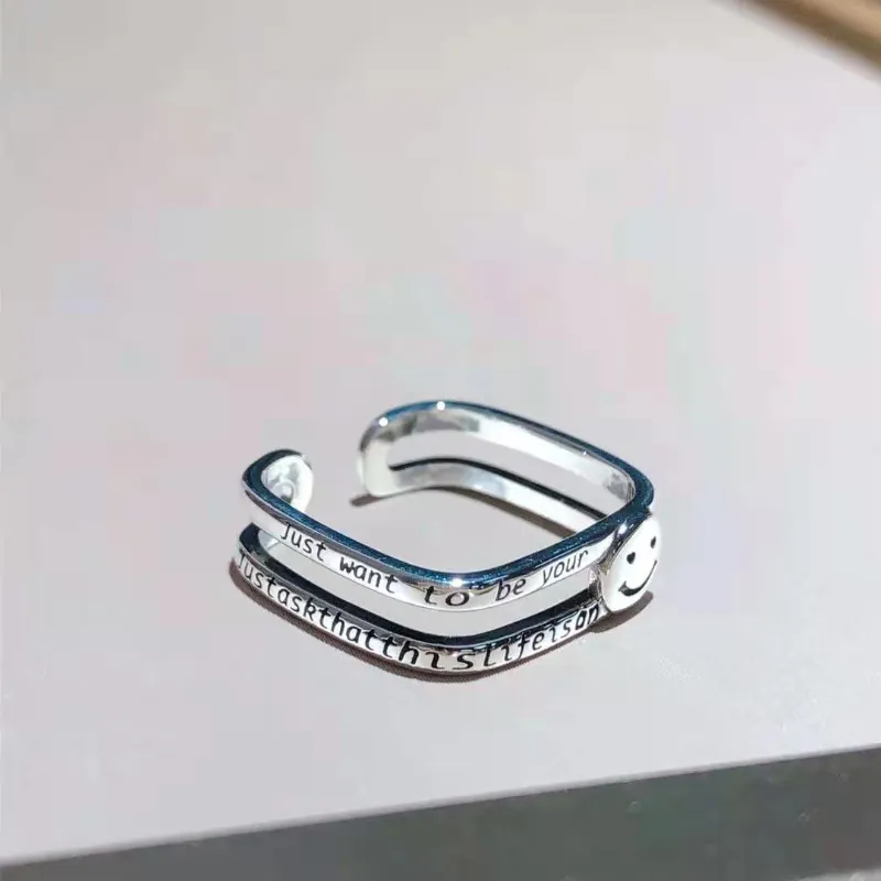 Little Red Book TikTok Small Square Ring Couple Japanese And Korean Simple Fashion Smiling Face Ring Ins Personalized Open Ring-1