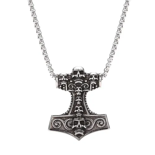 Retro Stainless Steel Skull Hammer Pendant Necklace