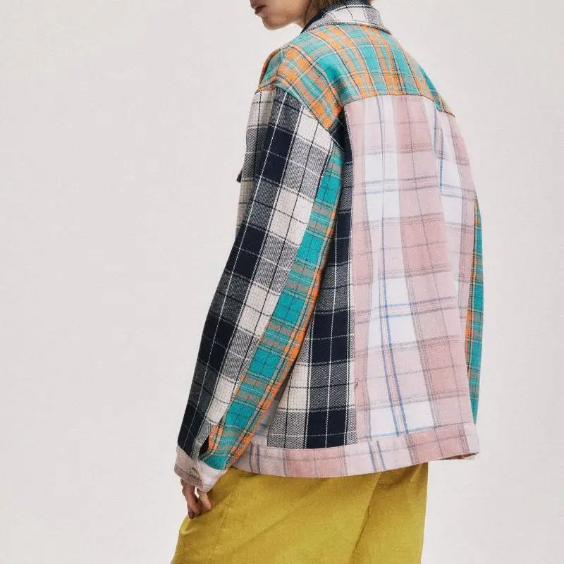 Loose Patchwork Plaid Contrast Color Jacket-3