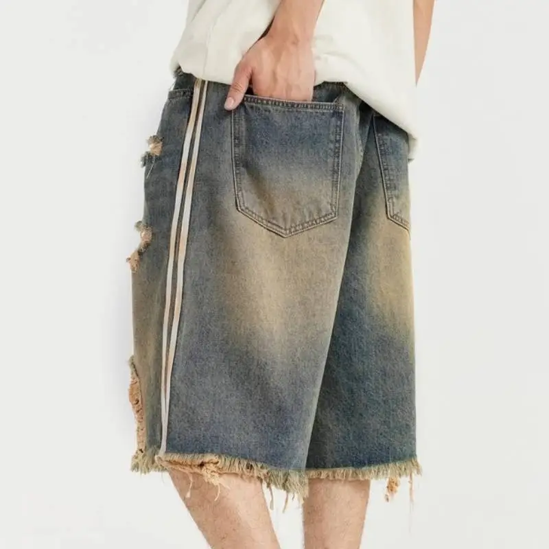 Hip Hop Street Striped Denim Shorts-3