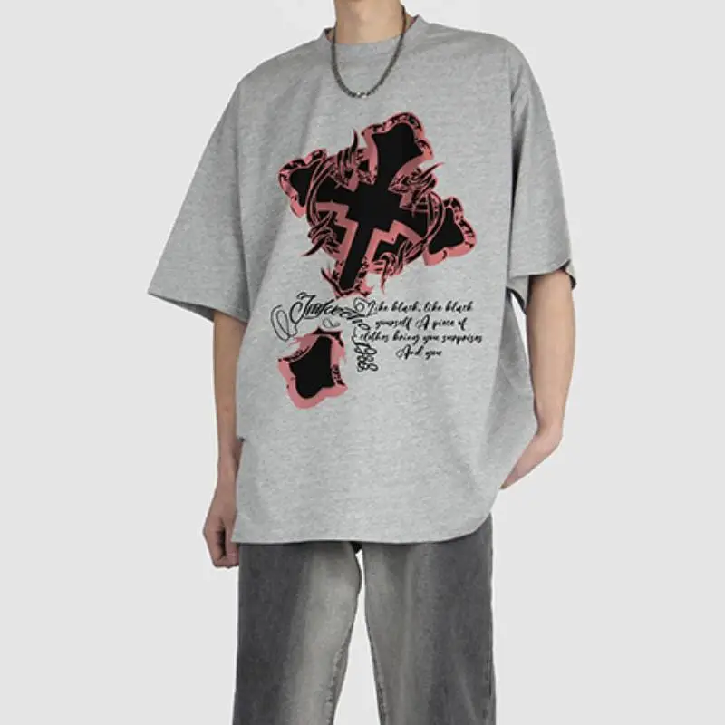 Retro Dark Cross Printed Washed Short sleeved T shirt-2