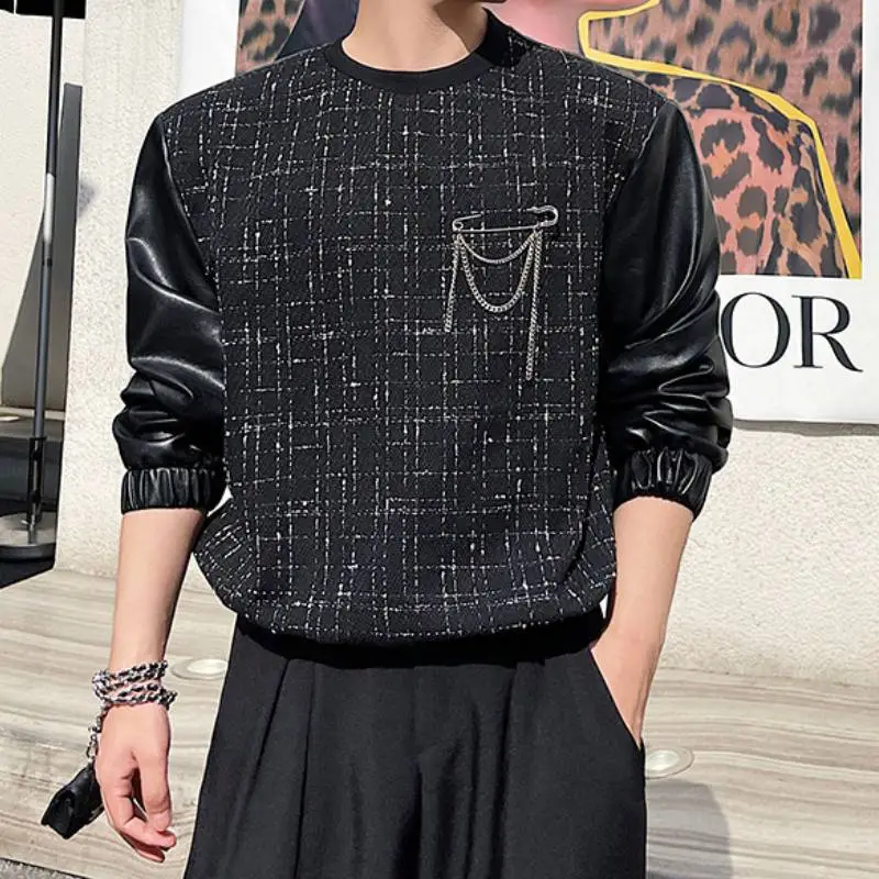 Patchwork Leather Pullover Sweater-1
