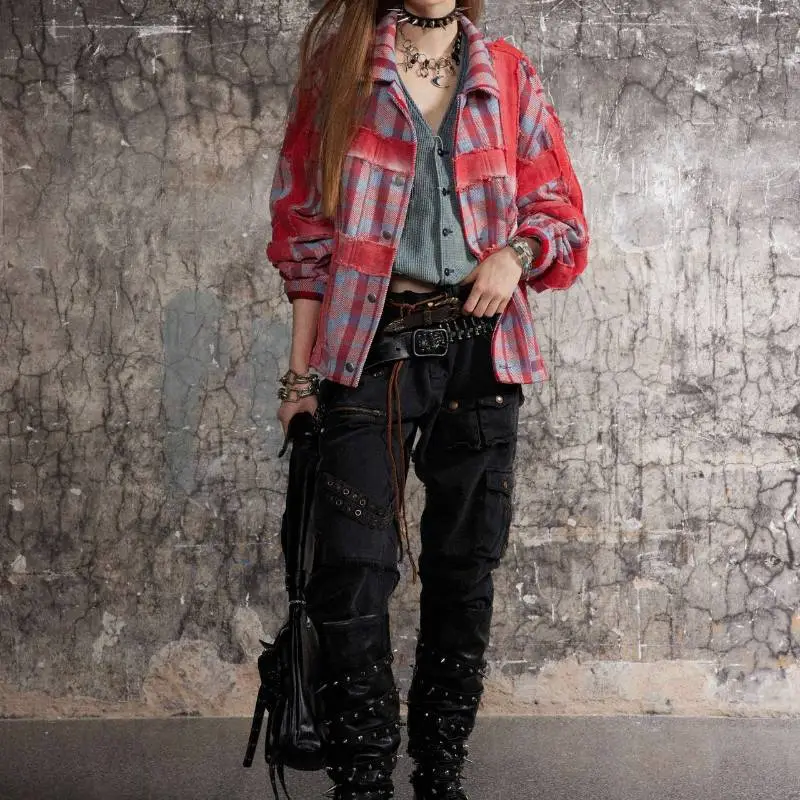 Loose Style Contrast Color Plaid Structure Jacket-2
