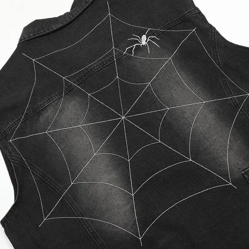 Loose Spider Web Denim Vest-3