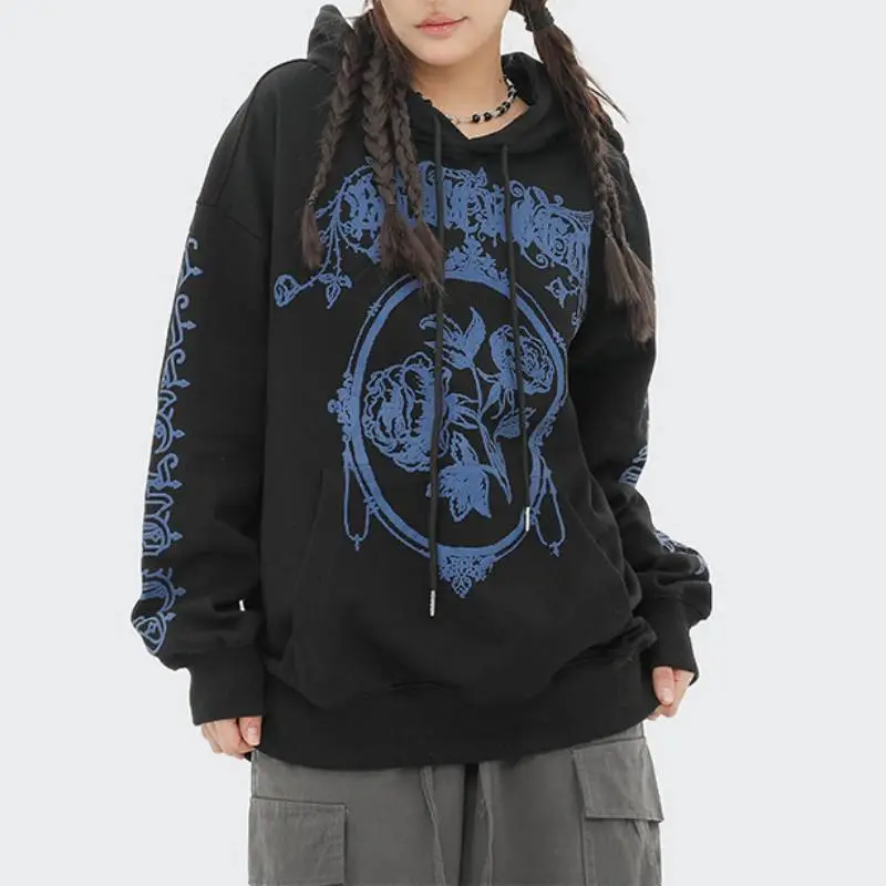 Flower Printed Loose Side Slit Pocket Hoodie-3