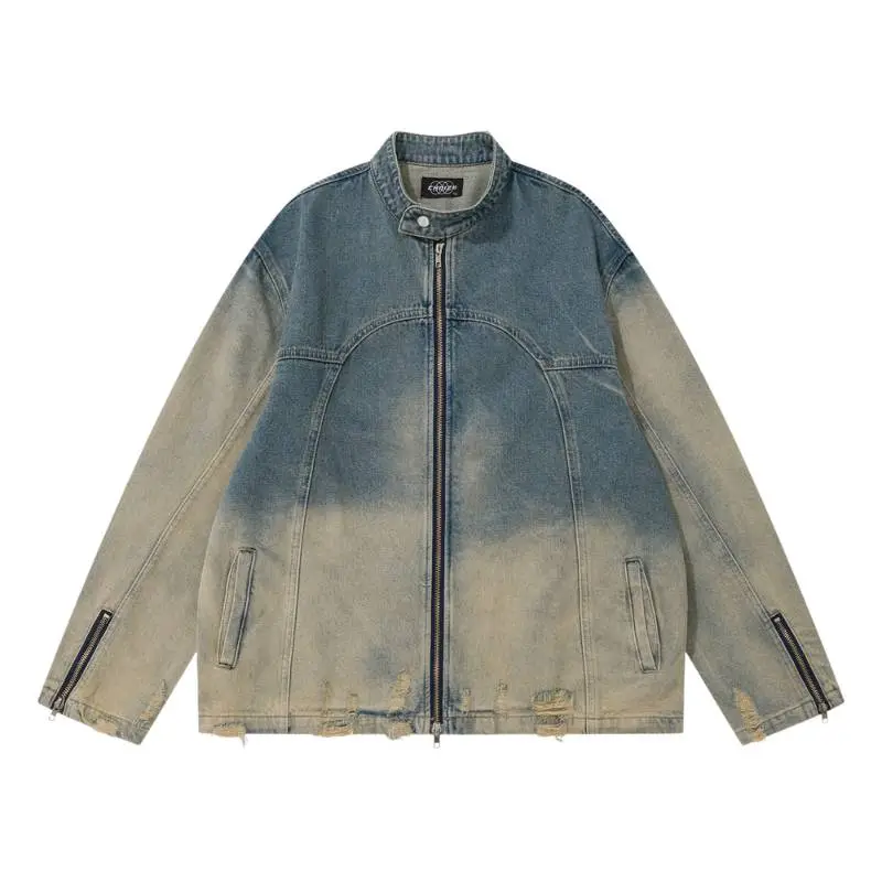 Retro Washed Old Hems Ripped Zipper Vertical Collar Denim Jacket - POIZON