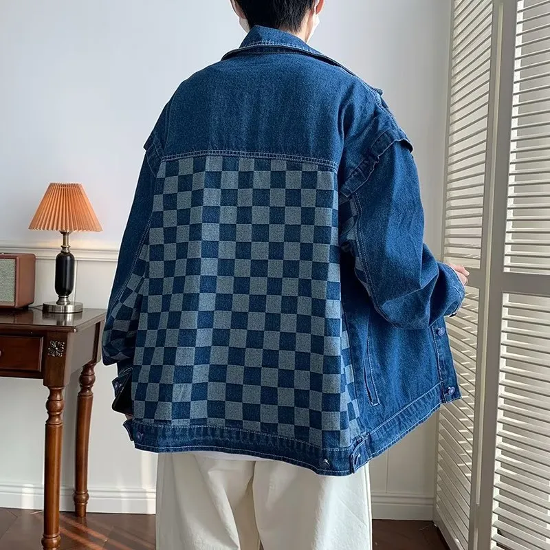 Washed Denim Niche Chessboard Patched Jacket-3