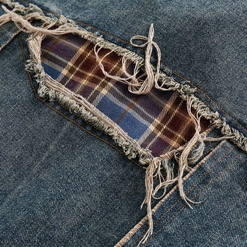 Tide Retro Washed Plaid Stitching Denim Jacket-4