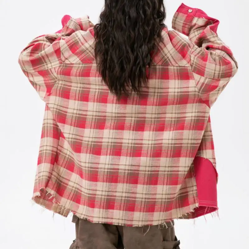 Retro Plaid Tassel Destruction Long Sleeved Shirt-3