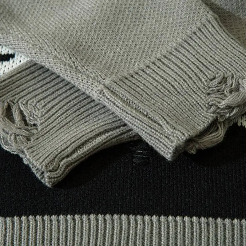 High Street Lazy Style Hole Yarn dyed Creative Pattern Loose Crewneck Sweater-3