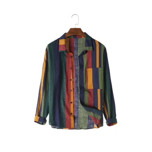 New Fashion Colorful Striped Long Sleeve Lapel Shirt swag OOTD