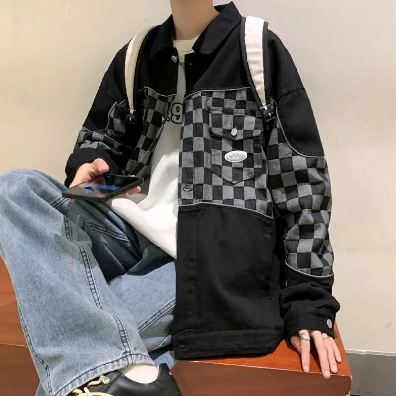 New Style Chessboard Stitching Denim Jacket-4
