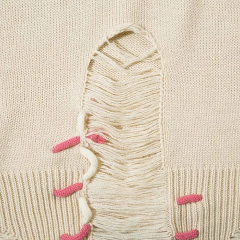 Tide High Street Lazy Style Small Flower Rip Knit Sweater-7