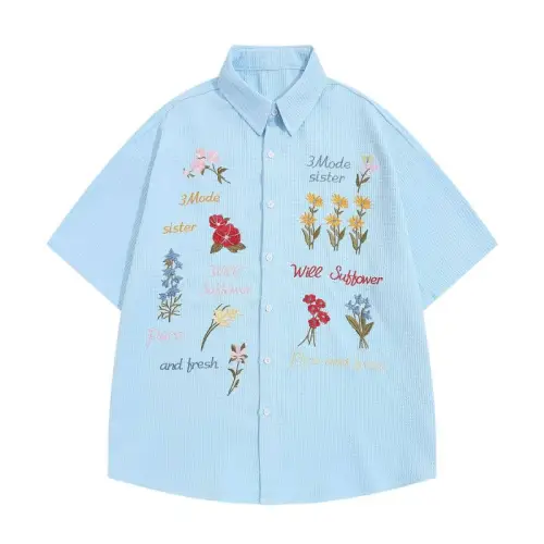 Retro Tide Flower Embroidered Waffe Short Sleeve Shirt