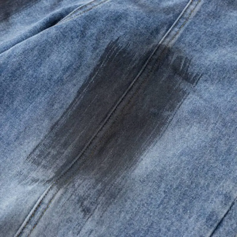 Trendy Contrast Color Pleated Washed Old Denim Straight Trousers-5