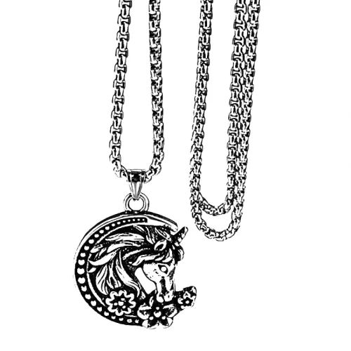 Retro Stainless Steel Moon Horsehead Unicorn Pendant Fashion Necklace