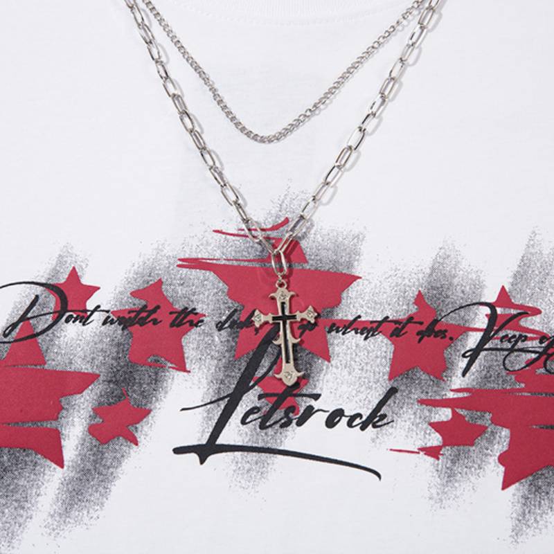 【oan】Cross Necklace Damage Pigment Short Sleeve T-Shirt 51qwtXqM1BL.jpg