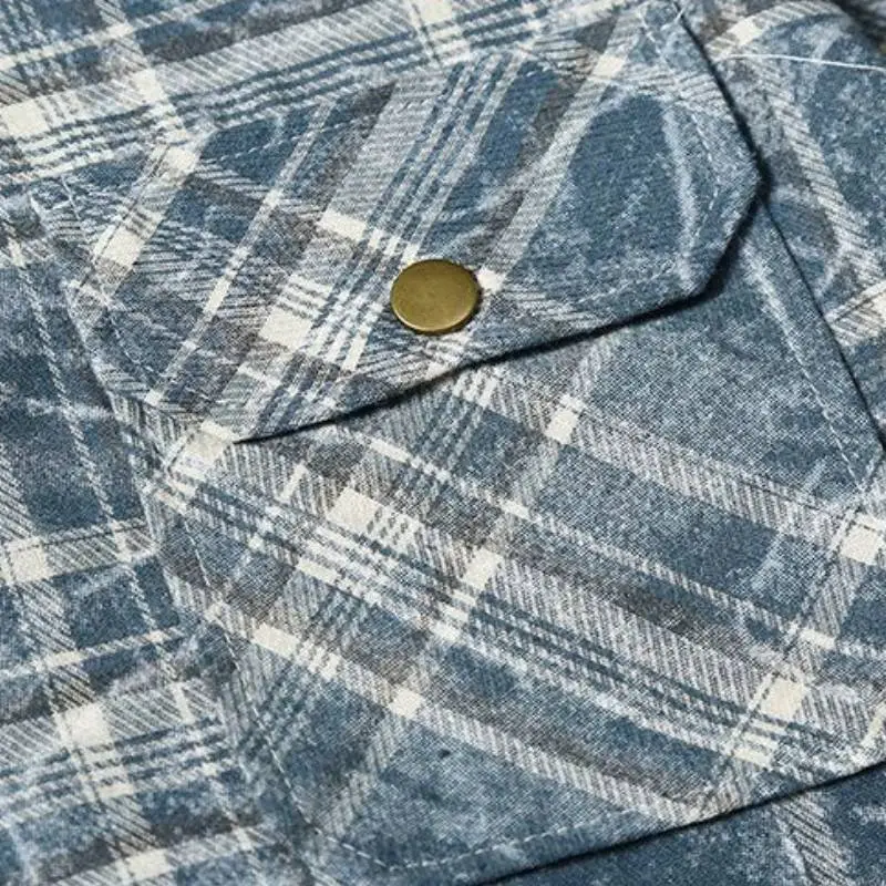 Tie Dyed Blue Plaid Short Sleeved Shirt-2