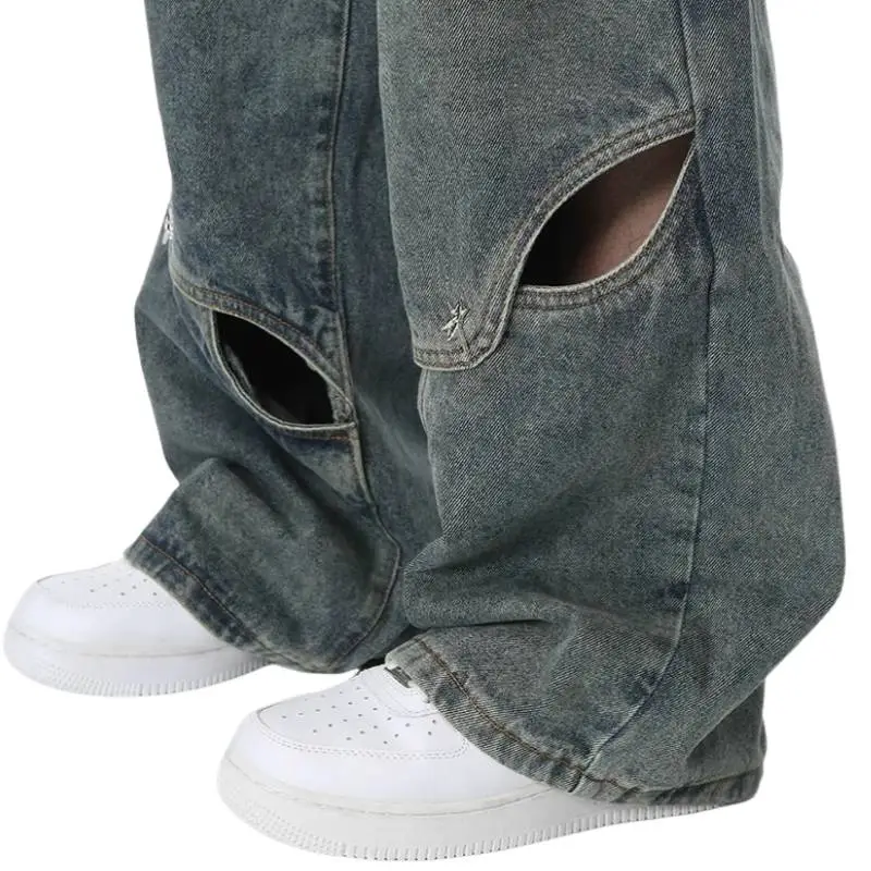 Retro Irregular Split New Style Straight Leg Wide Jeans-4
