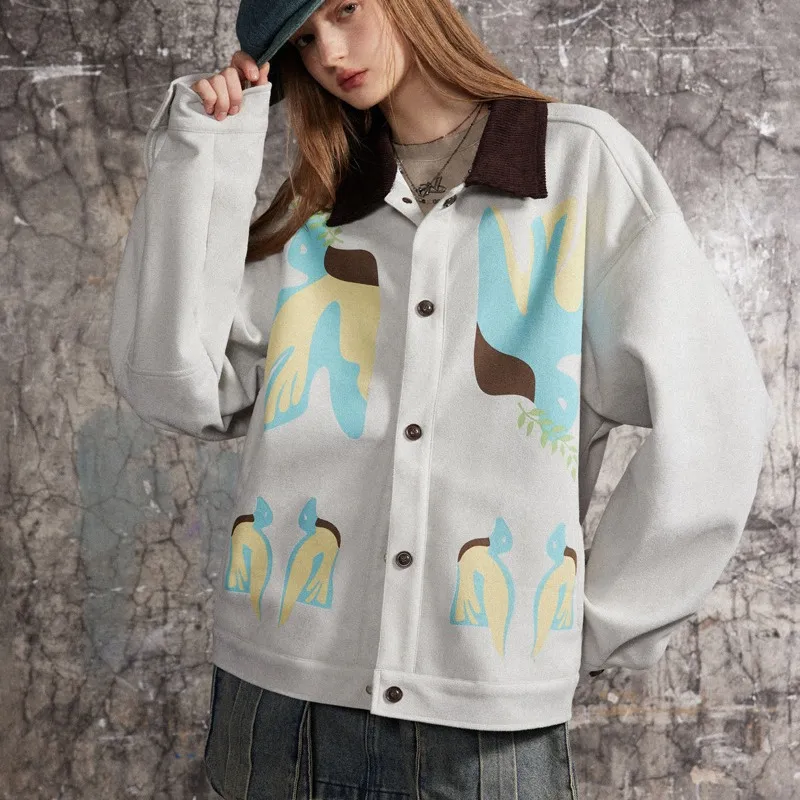 Fashion Street New Suede Fun Printed Loose Jacket-2