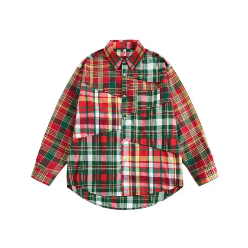 Contrast Color Stitching Christmas Style Pattern Plaid Long Sleeve Trendy Shirt