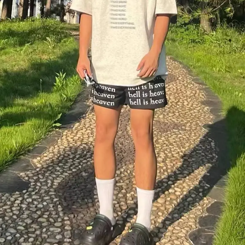 Letter Print Retro Casual Drawstring Shorts-5