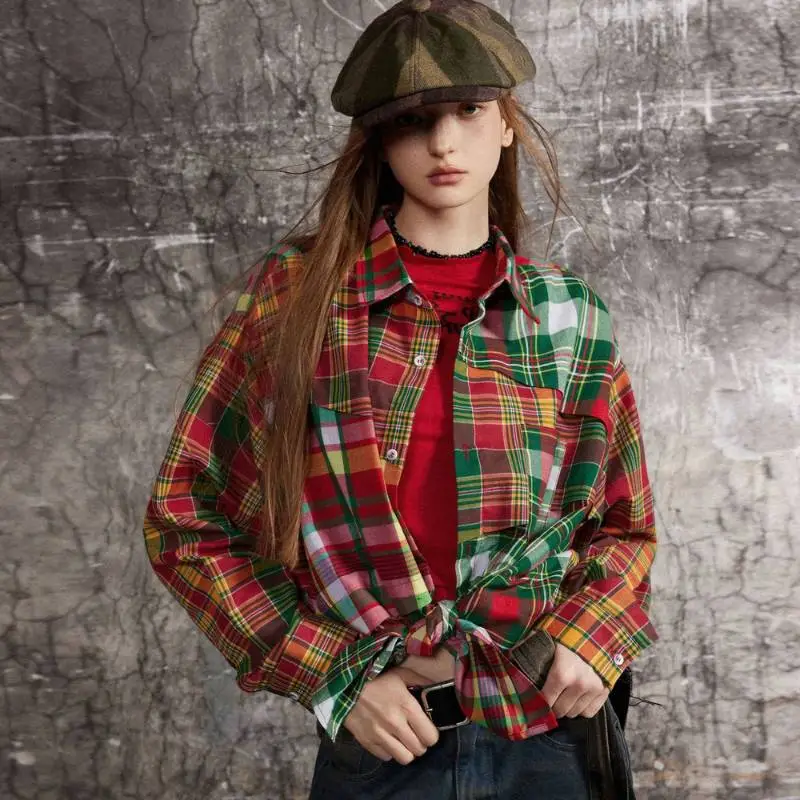 Contrast Color Stitching Christmas Style Pattern Plaid Long Sleeve Trendy Shirt-3