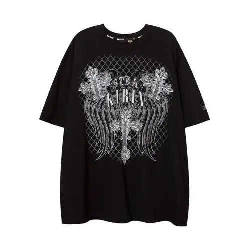 Dark High Street Cross Retro Printed Round Neck Short Sleeve T-Shirt