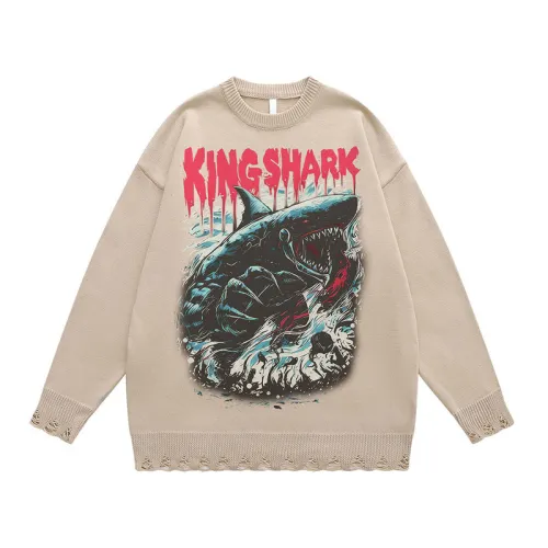 High Street Dark Style Design Rip White Shark Print Sweater Trendy Lazy Style Oversize Sweater