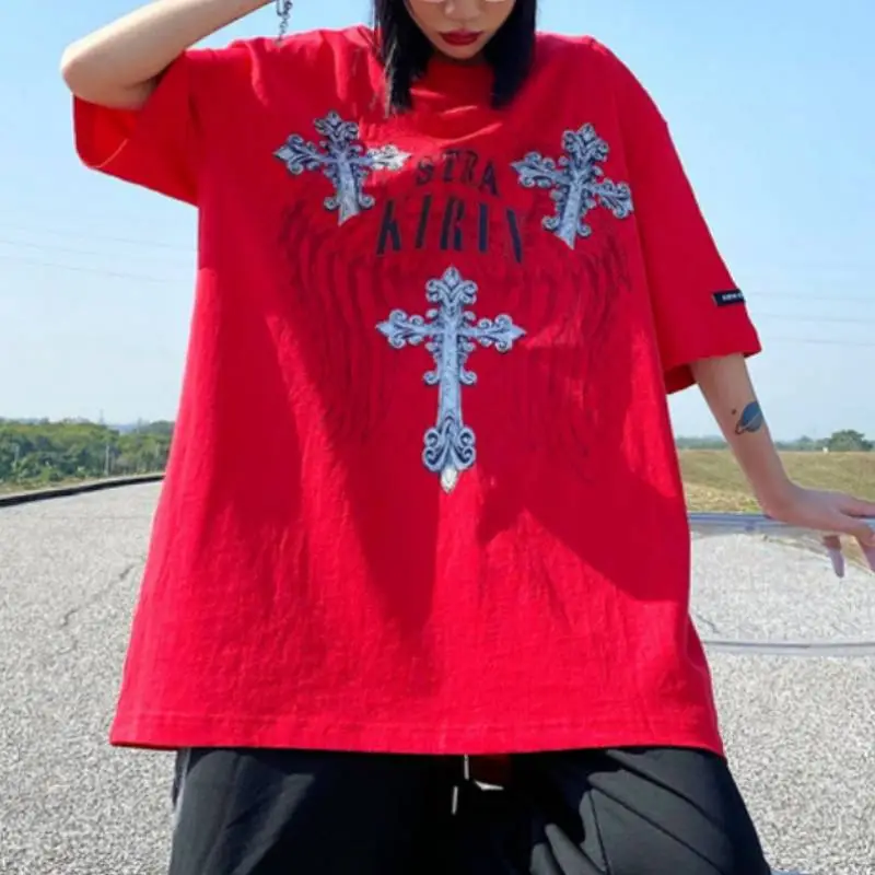 Dark High Street Cross Retro Printed Round Neck Short Sleeve T Shirt-2