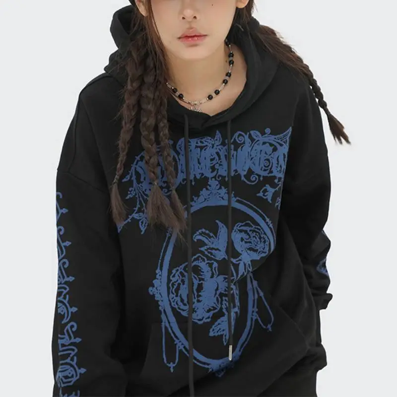Flower Printed Loose Side Slit Pocket Hoodie-2