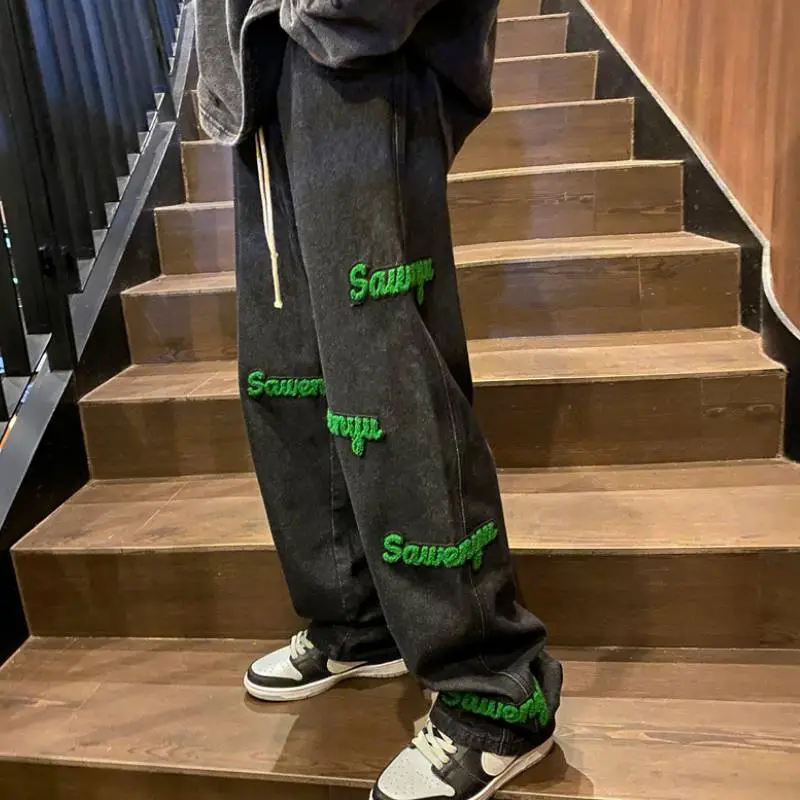 Flocking Embroidered Jeans Spring Trendy Brand High Street Ins Hong Kong Style Pants Spring And Autumn Loose Straight Wide Leg Pants-6