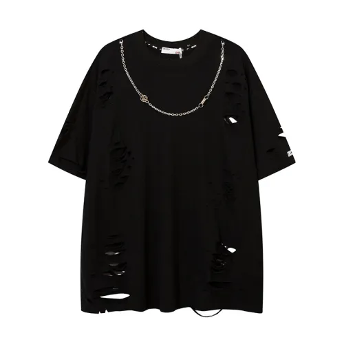 High Street Ripped Hole Cut Rotten Design Chain Short Sleeve T-shirt