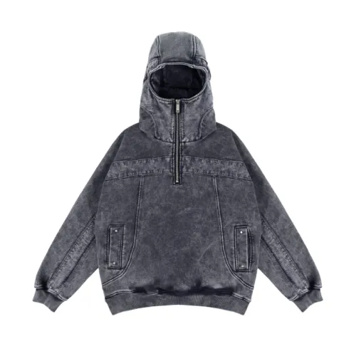 High Street Heavy Washed Stitching Half Zip Masked Hoodie