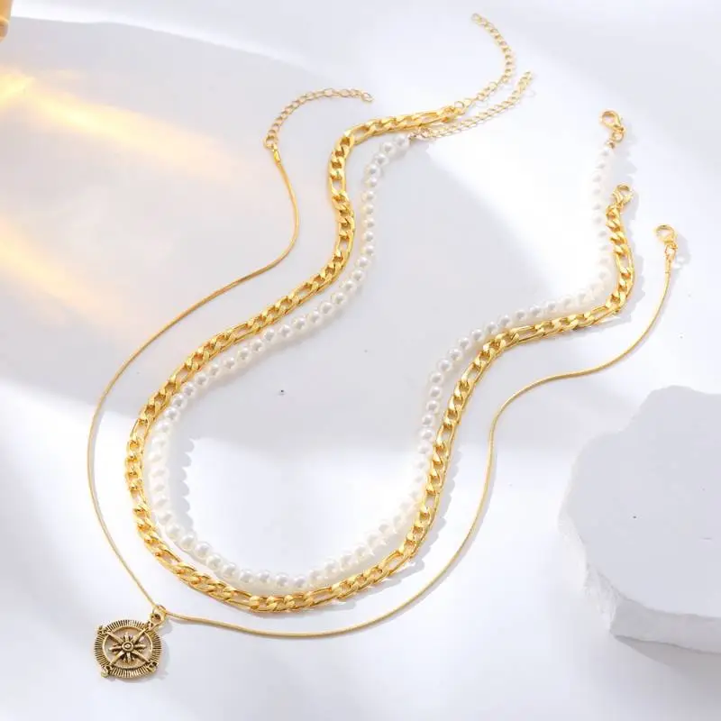 Hollow Compass Pendant Multi Layer Necklace-4