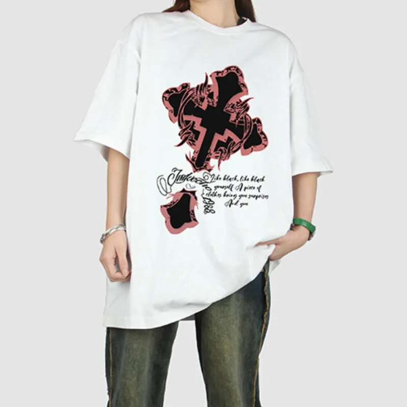 Retro Dark Cross Printed Washed Short sleeved T shirt-5