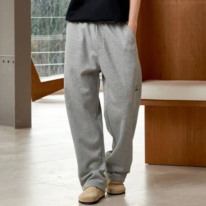 Solid Color Trendy Embroidered Logo Drawstring Casual Pants-2