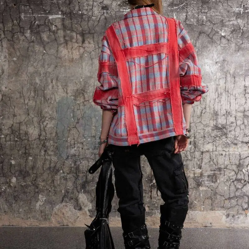 Loose Style Contrast Color Plaid Structure Jacket-3