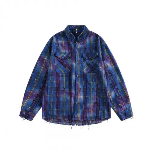 Retro Blue Contrast Color Stitching Rave Destruction Plaid Long Sleeves Shirts