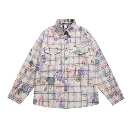 Retro Painted Graffiti Print Plaid Long Sleeve Shirt