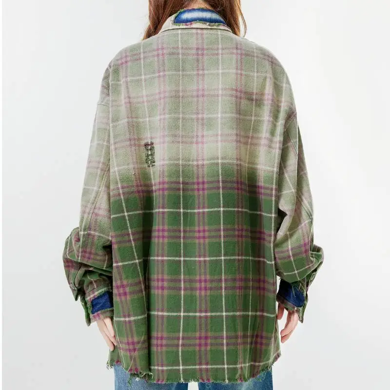Vintage Hanging Dye Washed Hole Ancient Plaid Shirt-5