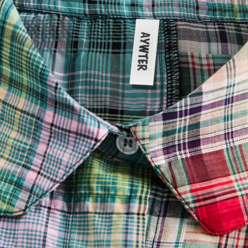 Contrast Color Asymmetric Color Grid Breathable Short Sleeved Shirt-5