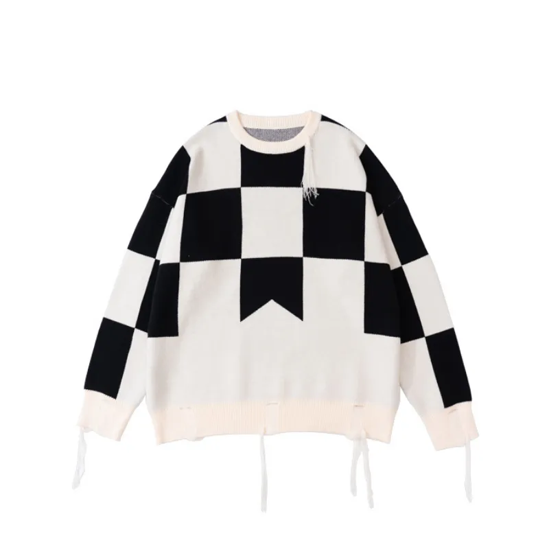 Chessboard Tassel Crewneck Sweater-2