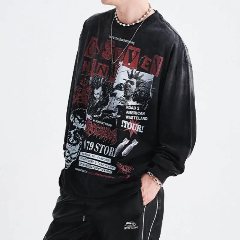 Retro Washed Distress Printed Loose T Shirt-2